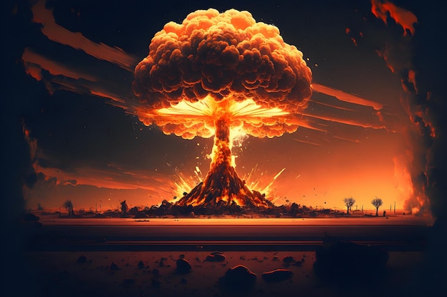 Photo an explosion in a town's skyline making a nuclear fire mushroom cloud in an apocalyptic war.