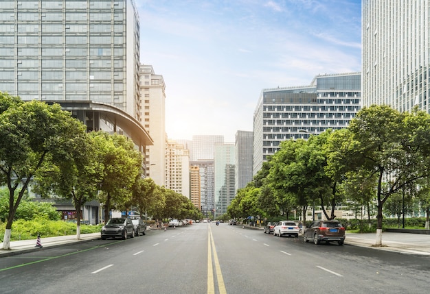 The expressway and the modern city skyline are in chengdu, China.