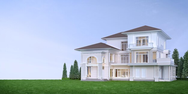 Photo exterior luxury houseclassic style with lawn fieldconcept for real estate sale or property investment3d rendering