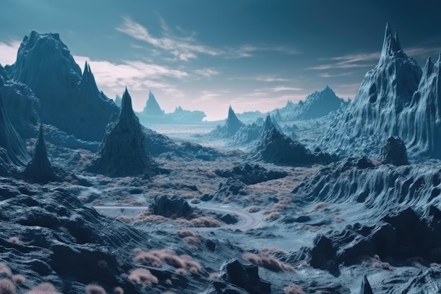 An extraterrestrial mountainous terrain with rocky formations