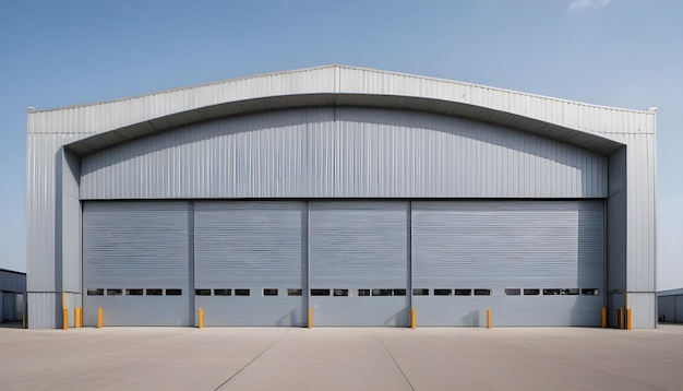 Photo facade front view of a large hangar lined with a metal profile