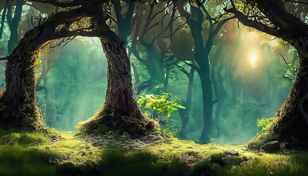 Fairytale forest with magical rays of light through the trees Fantasy forest landscape