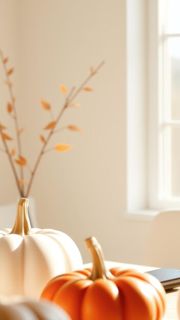 Photo fall pumpkins on wooden table with natural light