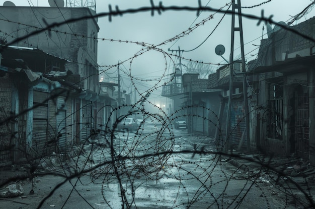 a fallen buildings with concrete in the barbed wire on top of an outdoor fence symbolizing security