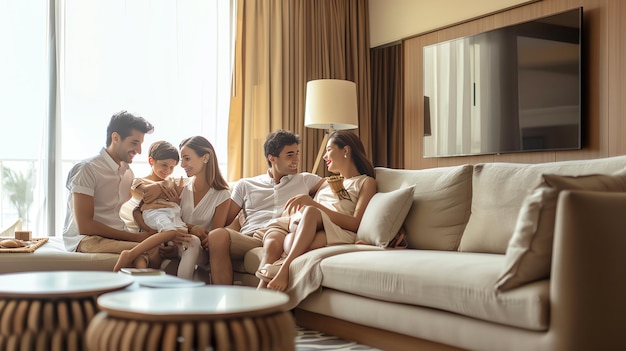 Family relaxing in a modern living room They are sitting on a couch and talking