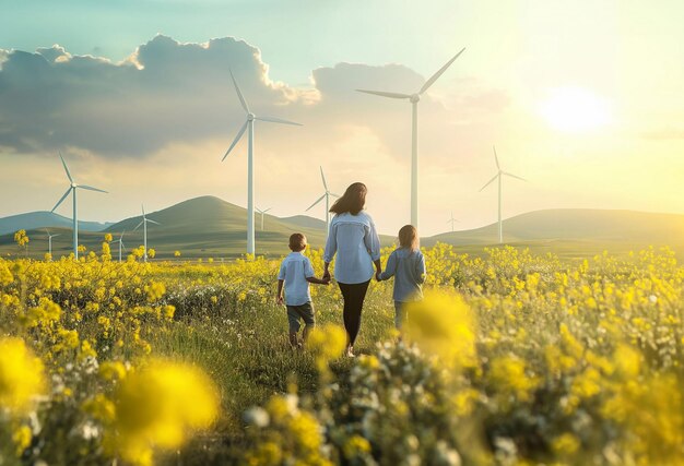 Photo family and wind turbines against a vibrant sunset sky harnessing clean wind energy for a greener future ai