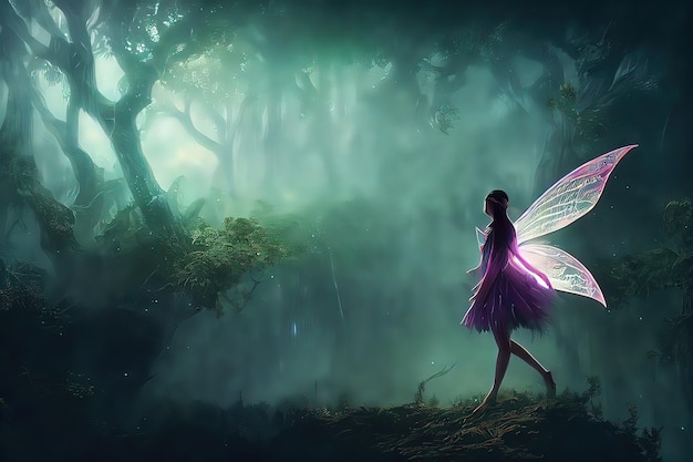Fantasy concept portrait of the fairy in the magic forest with a lot of lightnings Digital art style illustration painting