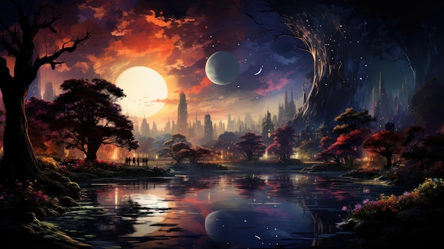 Fantasy landscape with a big full moon