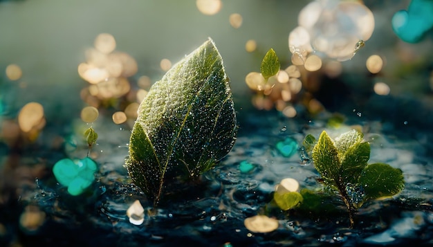 Fantasy scene of green leaves floating on water Digital 3D illustration