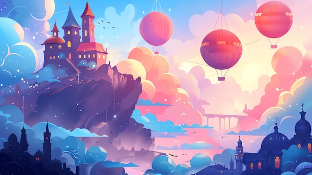 Photo a fantasy world with a castle on a cliff and hot air balloons flying in the sky