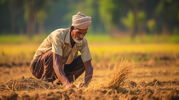 a farmer busy working on paddy field during hot sunny harversting