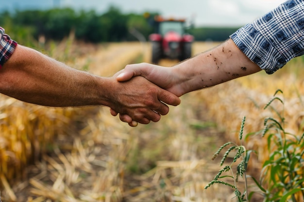 a farmer and his son shake hands in a field