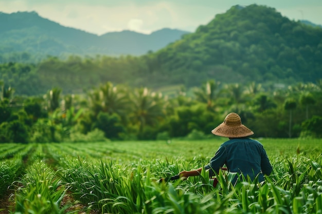 Photo a farmer works in a lush green rice paddy field with mountains in the background