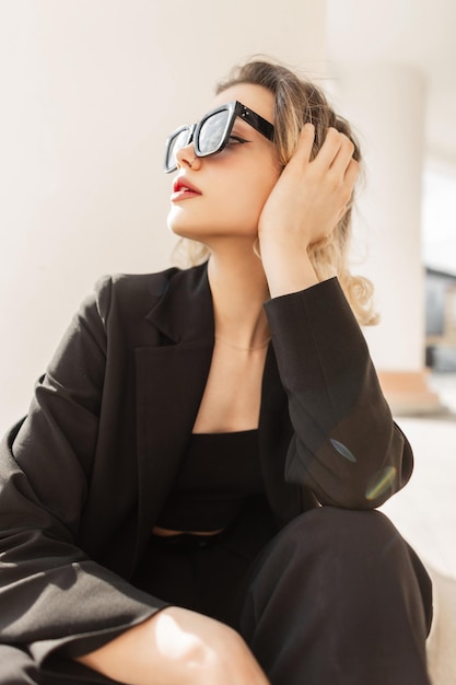 Fashion glamour pretty lade woman with modern sunglasses in black elegant business clothes sits and rest on the street