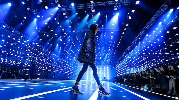 Photo fashion model walking on runway during fashion show bright stage lights illuminate