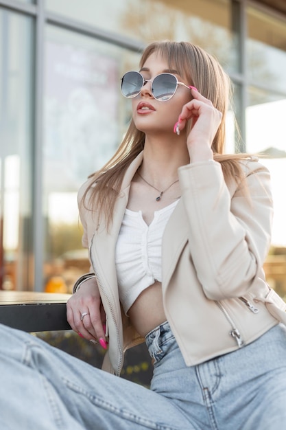 Fashionable beautiful young woman hipster model in rock clothes with leather jacket and blue jeans wears cool glasses and sits on the bench outside the cafe