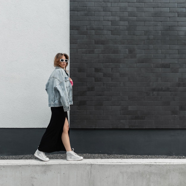 Fashionable trendy casual woman with stylish white sunglasses in streetwear with jeans jacket pink crop top and long skirt with sneakers walks near a black modern wall