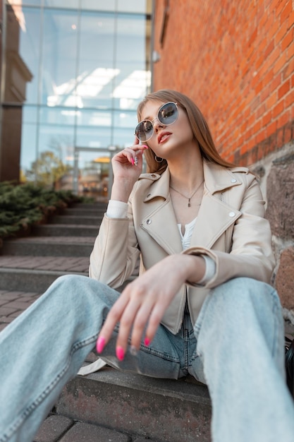 Fashionable young pretty woman hipster wears a trendy round sunglasses in leather jacket stylish top and vintage jeans sits on the steps near a brick building mall