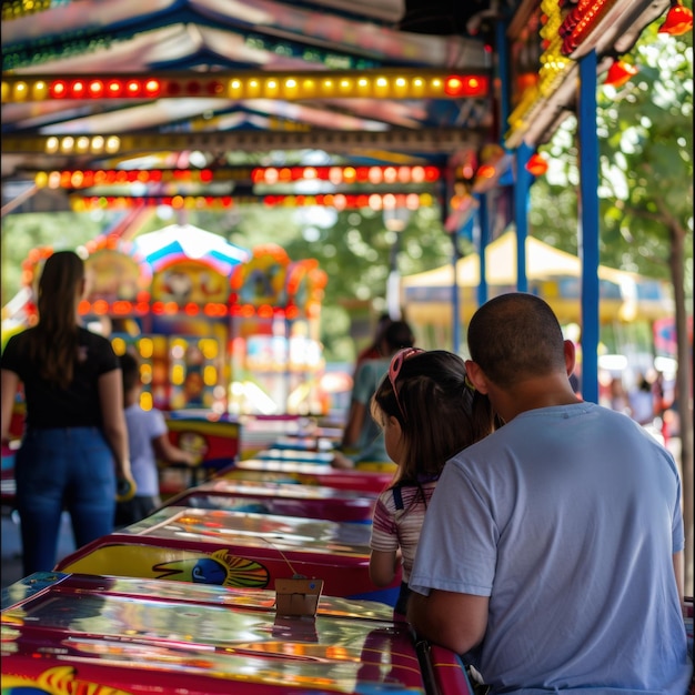 Father and daughter at a colorful arcade game booth