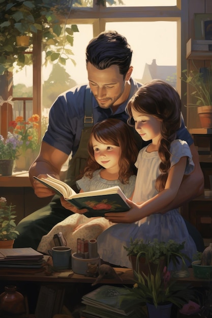 Father and daughter reading a book in a room with a window view