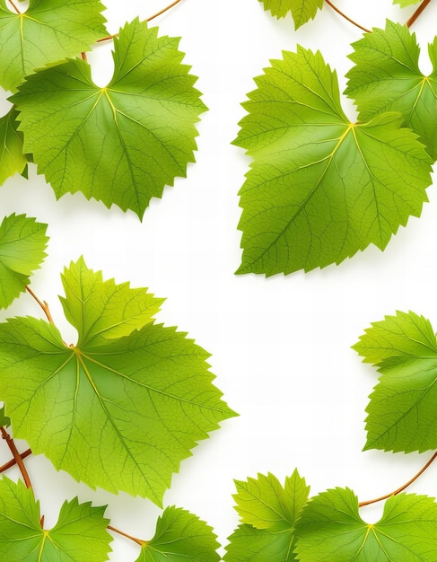 Photo featuring a frame of green grape leaves on a white background in a realistic style