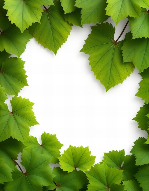 Photo featuring a frame of green grape leaves on a white background in a realistic style