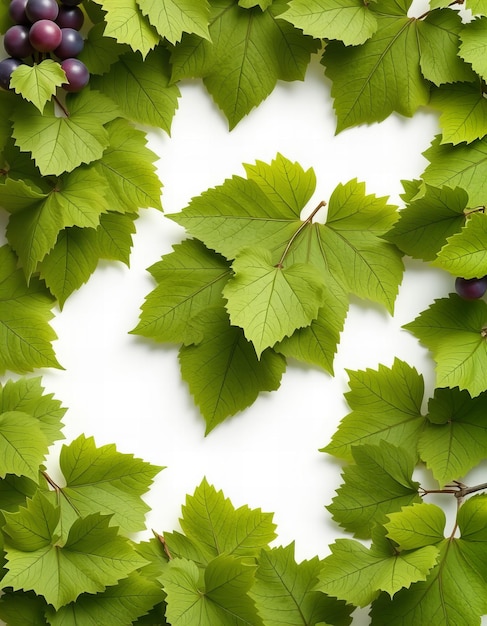 Photo featuring a frame of green grape leaves on a white background in a realistic style