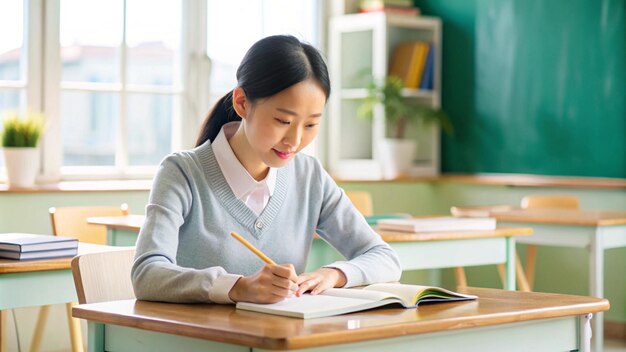 Photo female chinese teacher studying at desk