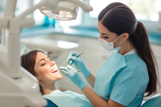 Foto una dentista sta lavorando con i denti di un paziente