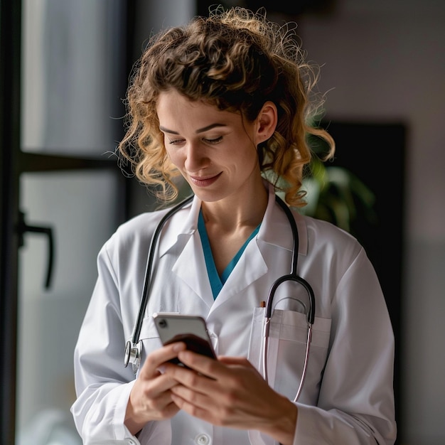 a female doctor is using a phone and has a stethoscope on it