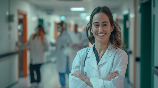 Female doctor smiling at camera with group of female doctors in background looking to the side