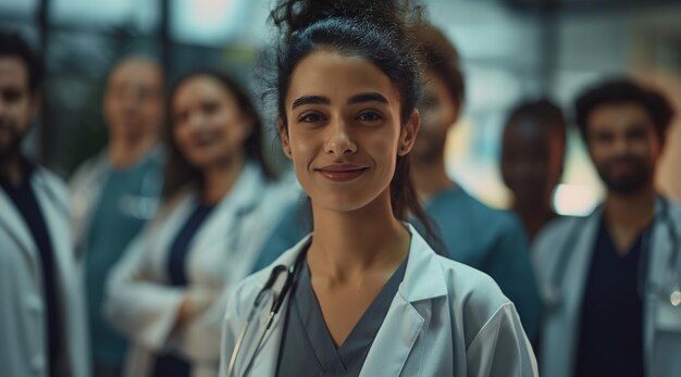 Female doctor smiling at camera with group of female doctors in background looking to the side