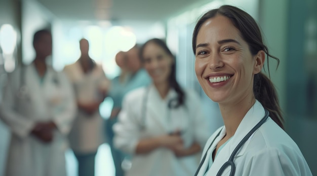 Female doctor smiling at camera with group of female doctors in background looking to the side