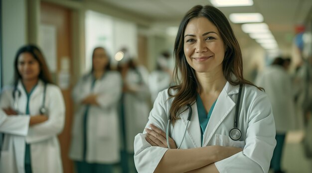 Female doctor smiling at camera with group of female doctors in background looking to the side