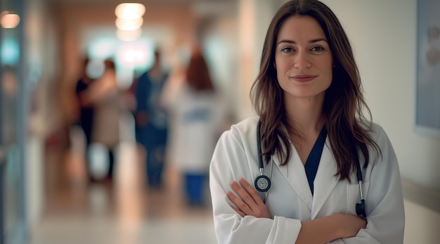 Female doctor smiling at camera with group of female doctors in background looking to the side