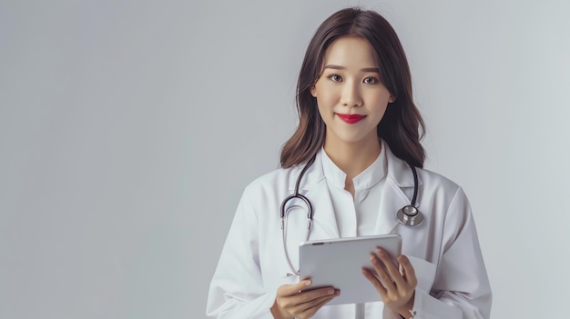 Photo a female doctor in a white coat looks at the camera while holding a tablet