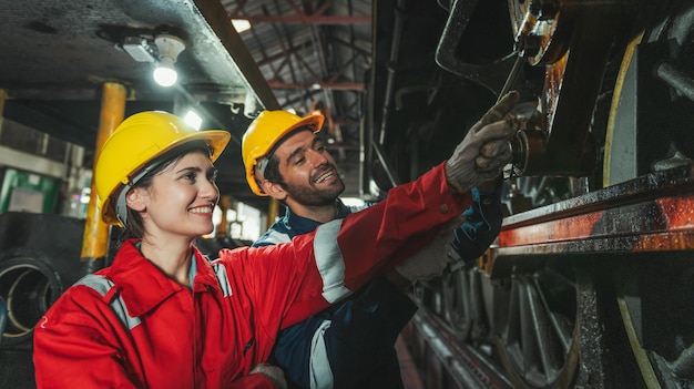 Female engineer and worker checking equipment in factory for repair