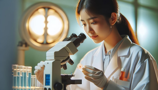 Photo female scientist conducting laboratory experiment with test tubes in protective equipment