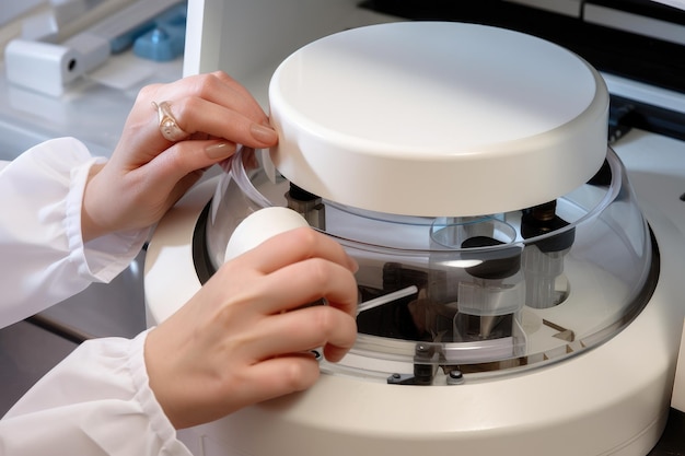 Female scientist working in laboratory closeup Medical research and development A chemist using a centrifuge to test liquids in a closeup view AI Generated