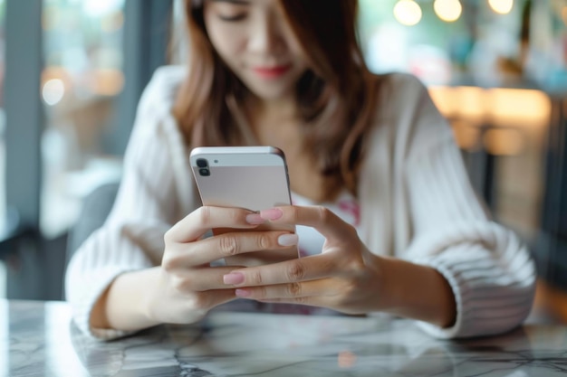 Photo female at table on phone