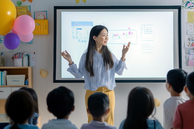 Photo a female teacher explaining a new topic in front of an interactive whiteboard with children listening attentively