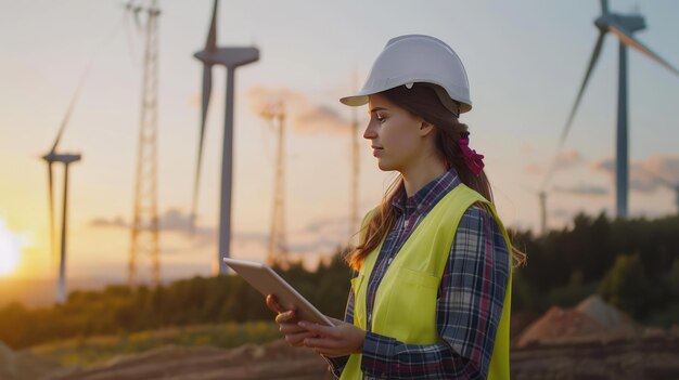 Photo a female wind power engineer inspecting turbines with a digital tablet