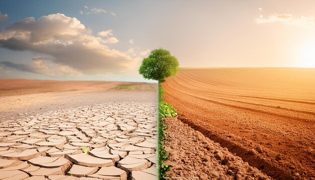 Photo fertile land versus dry land climate change concept