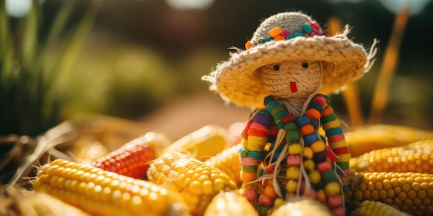 Festa junina celebration with wooden handmade doll sao joao brazilian party decorated with corn and garland generative ai illustration