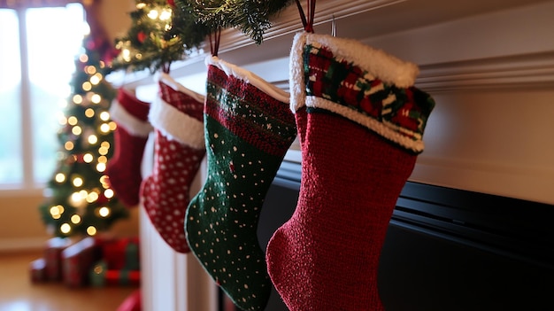 Photo festive christmas stockings hanging on a mantle