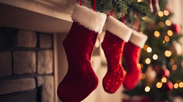 Photo festive christmas stockings hanging on a mantle