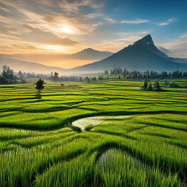 Photo a field of rice with mountains in the background