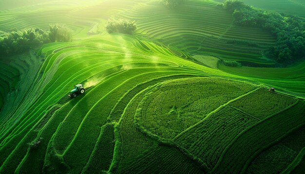 Photo a field of rice with a truck on the top of it green field scenic 4k wallpaper