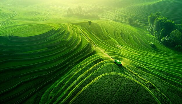 Photo a field of rice with a truck on the top of it green field scenic 4k wallpaper