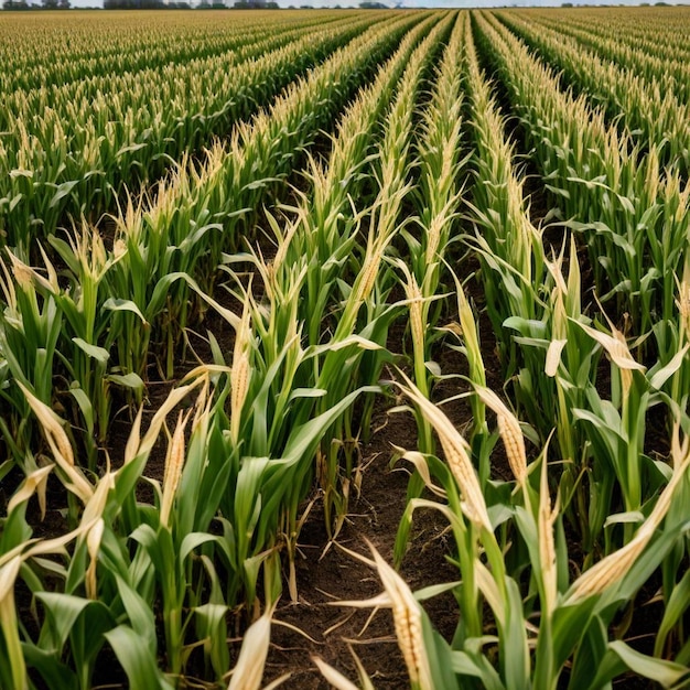 Photo a field of young corn with a field of young wheat